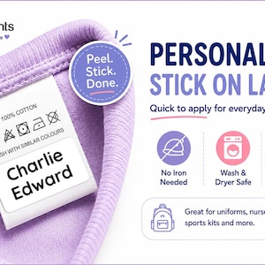 May include: A white rectangular adhesive label with the name Charlie Edward printed in black, attached to a lavender fabric garment tag. The image includes text: Papa Prints, Peel. Stick. Done., PERSONALIZED STICK ON LABELS, and icons for laundry.