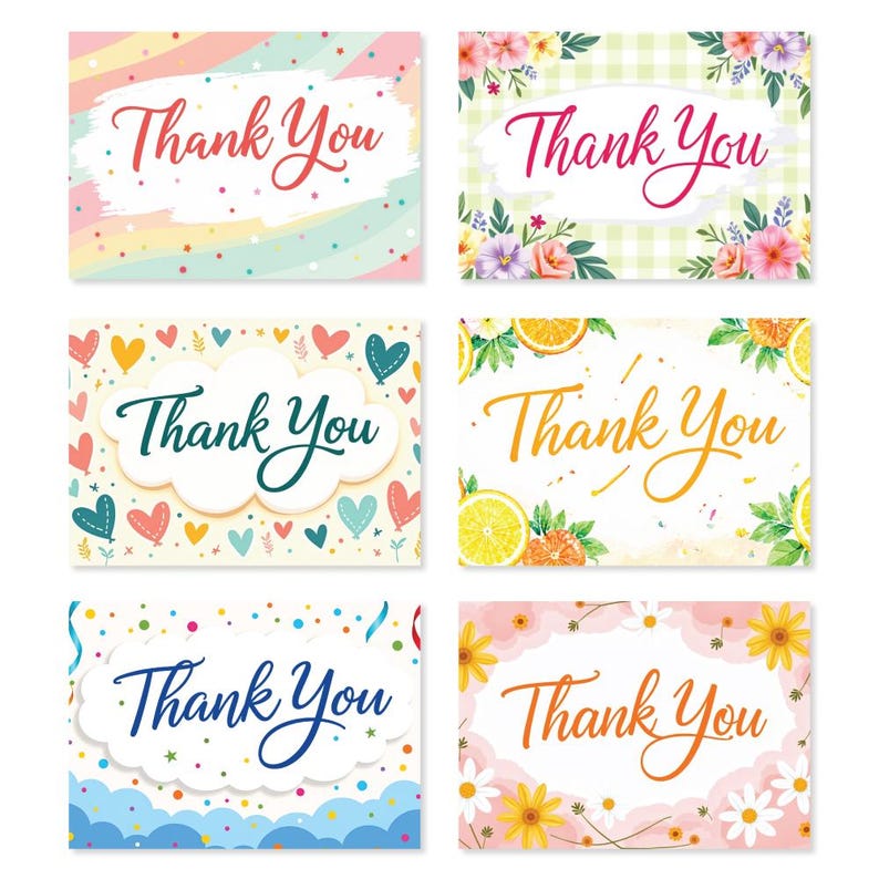 May include: A collection of six thank you cards with various designs. Each card features the words "Thank You" in a decorative script. The backgrounds include floral patterns, hearts, confetti, and citrus fruit illustrations, with pastel and bright color schemes.