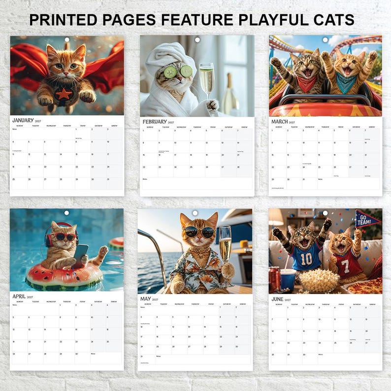 May include: A wall calendar featuring six monthly pages with images of cats in various scenarios, including a superhero cat, a spa cat, cats on a roller coaster, a cat in a pool, a cat on a boat, and cats at a party, with the text PRINTED PAGES FEATURE PLAYFUL CATS.