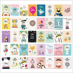 May include: A set of 36 colorful birthday cards with various illustrations and text. The cards feature animals, balloons, cakes, and other festive elements. The text on the cards includes "Happy Birthday" and other birthday greetings.