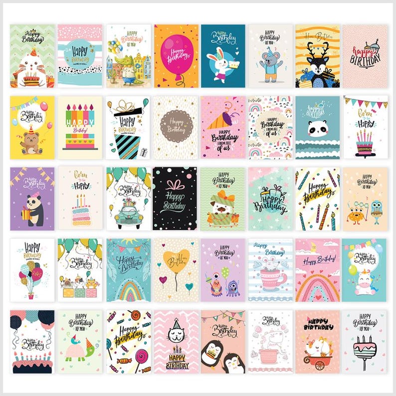 May include: A set of 36 colorful birthday cards with various illustrations and text. The cards feature animals, balloons, cakes, and other festive elements. The text on the cards includes "Happy Birthday" and other birthday greetings.