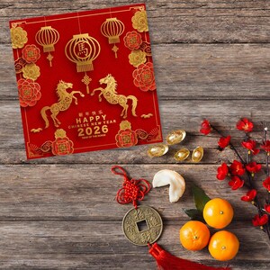 Happy New Year Card (145 x 150 mm) Chinese New Year with Envelope Lunar New year 2026 Traditional Chinese Card image 8