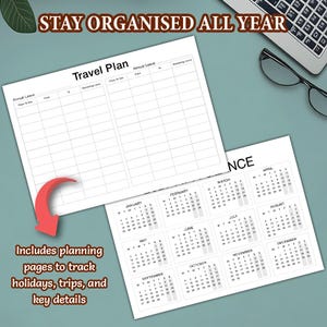 May include: A white paper travel planner with a grid for tracking annual leave and places to see, alongside a separate calendar sheet showing all twelve months. The text reads STAY ORGANISED ALL YEAR and Includes planning pages to track holidays, trips, and key details.