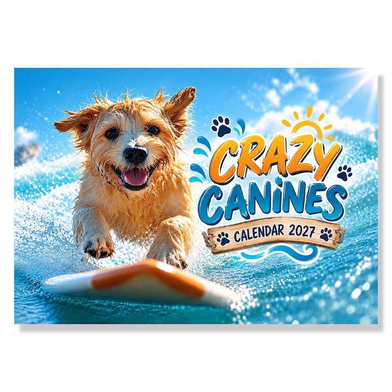 May include: A 2027 calendar featuring a golden-furred dog surfing on a white board in blue ocean waves. The text CRAZY CANINES CALENDAR 2027 is displayed in orange and blue lettering with paw print accents and a sun icon against a bright sky.