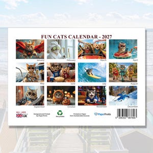 May include: A 2027 wall calendar titled FUN CATS CALENDAR featuring twelve monthly grid images of cats in various costumes and settings, including a superhero cat, a cat in a bathrobe, and a cat surfing. The bottom includes a barcode and text.