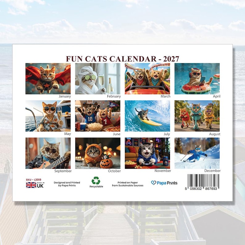 May include: A 2027 wall calendar titled FUN CATS CALENDAR featuring twelve monthly grid images of cats in various costumes and settings, including a superhero cat, a cat in a bathrobe, and a cat surfing. The bottom includes a barcode and text.