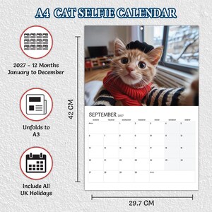 May include: A 2027 A4 cat selfie wall calendar featuring a ginger kitten wearing a red scarf and black beret. The calendar displays the month of September 2027 with a grid layout. It measures 42 cm by 29.7 cm and includes 12 months from January to December.