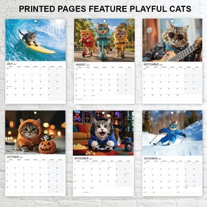 May include: A wall calendar featuring six pages with the text PRINTED PAGES FEATURE PLAYFUL CATS. Each page displays a monthly grid for 2027 and a photograph of cats in various activities, including surfing, riding scooters, playing guitar, and skiing.