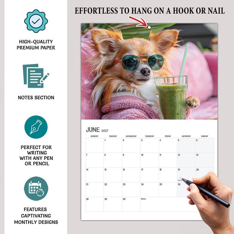 May include: A wall calendar for June 2027 featuring a long-haired dog wearing sunglasses and a pink sweater while holding a green smoothie. The calendar includes a grid for dates, a notes section, and text stating EFFORTLESS TO HANG ON A HOOK OR NAIL.