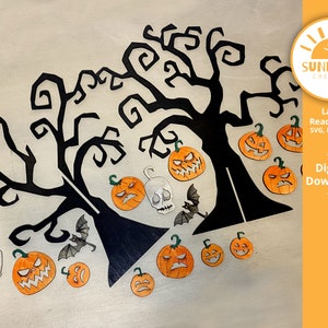 Halloween Tree with Ornaments: Laser Cut File (SVG, PDF, DXF Digital Download)