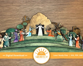 May include: A laser-cut wooden artwork depicting the story of Jesus' resurrection. The scene includes Jesus emerging from the tomb, a group of people carrying a cross, and other figures. The artwork is painted in various colours, including brown, green, blue, and red.