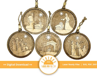 May include: Set of five laser cut wooden ornaments depicting the Nativity story. The ornaments feature a star, a manger, three wise men, shepherds, and Mary and Joseph.