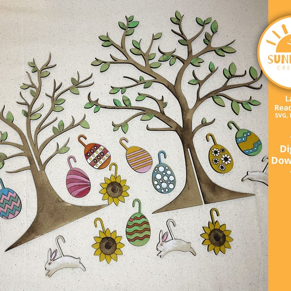 Easter Tree Decoration with Ornaments | 16 Ornaments with Cut & Score Lines | Laser Cut File | SVG PDF DXF | Digital Download