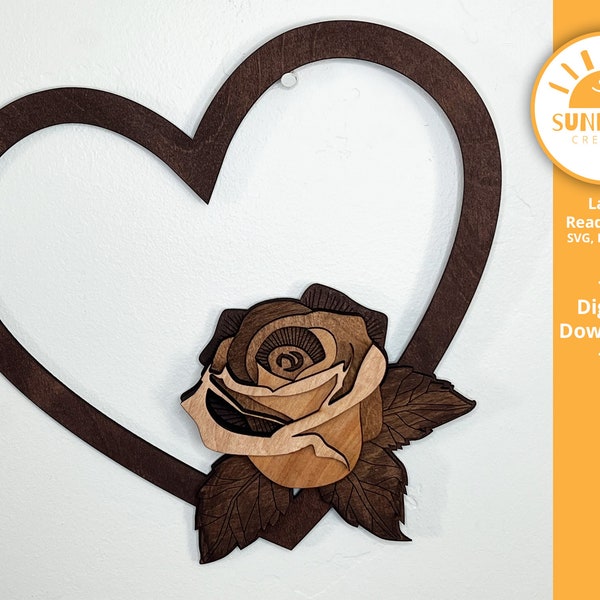 Heart Frame with 3D Rose | 5 Layers | Laser Cut File | SVG PDF DXF | Digital Download