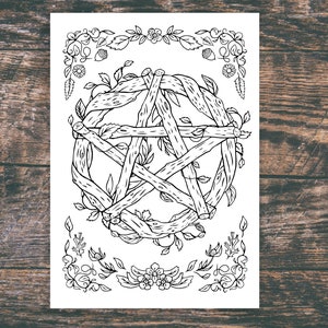 May include: A black and white line drawing of a five-pointed star made of intertwined branches, surrounded by a wreath of leaves and flowers.