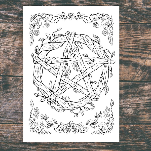 Nature Pagan / Wiccan Pentagram Colouring Page - Digital Download - Modern Witchcraft - Book of Shadows Printable
