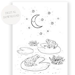 Frog colouring in sheet, Cute Frogs on lily pads, Printable Colouring Page