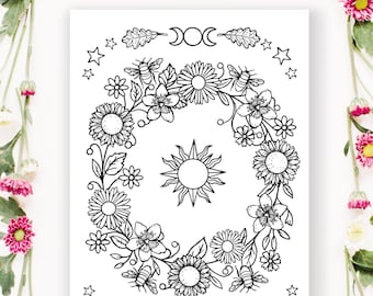 Litha, Summer Solstice Colouring Page, Midsummer Artwork, Altar decoration, Pagan Wall Decor, Wiccan artwork