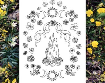 Página para colorear de Beltane, Arte Pagano del Primero de Mayo, Decoración del altar, Decoración de la pared pagana, Obras de arte Wiccan