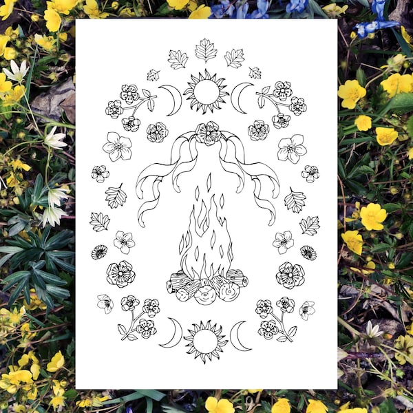 Beltane Colouring Page, May Day Pagan Art, Altar decoration, Pagan Wall Decor, Wiccan artwork