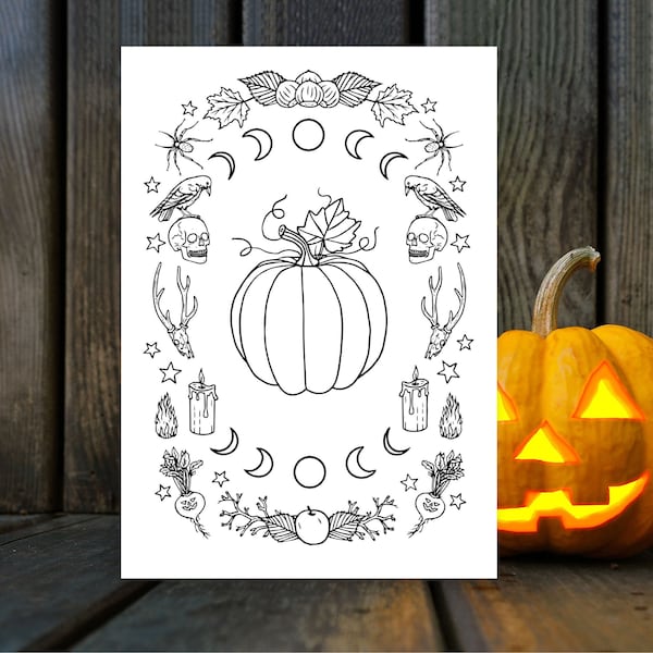 Samhain Colouring Page - Halloween Artwork - Altar decoration - Pagan Wall Decor- Wiccan artwork