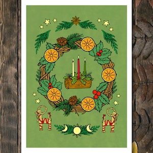Yule Wreath - Pagan Wiccan Sabbat Art Print & Colouring Page - Yule decor - Christmas Wall Art Printable