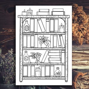 Op de afbeelding: Een zwart-witte lijntekening van een houten boekenkast gevuld met boeken, planten, kaarsen en flessen. De boekenkast heeft vier planken en is versierd met verschillende voorwerpen.