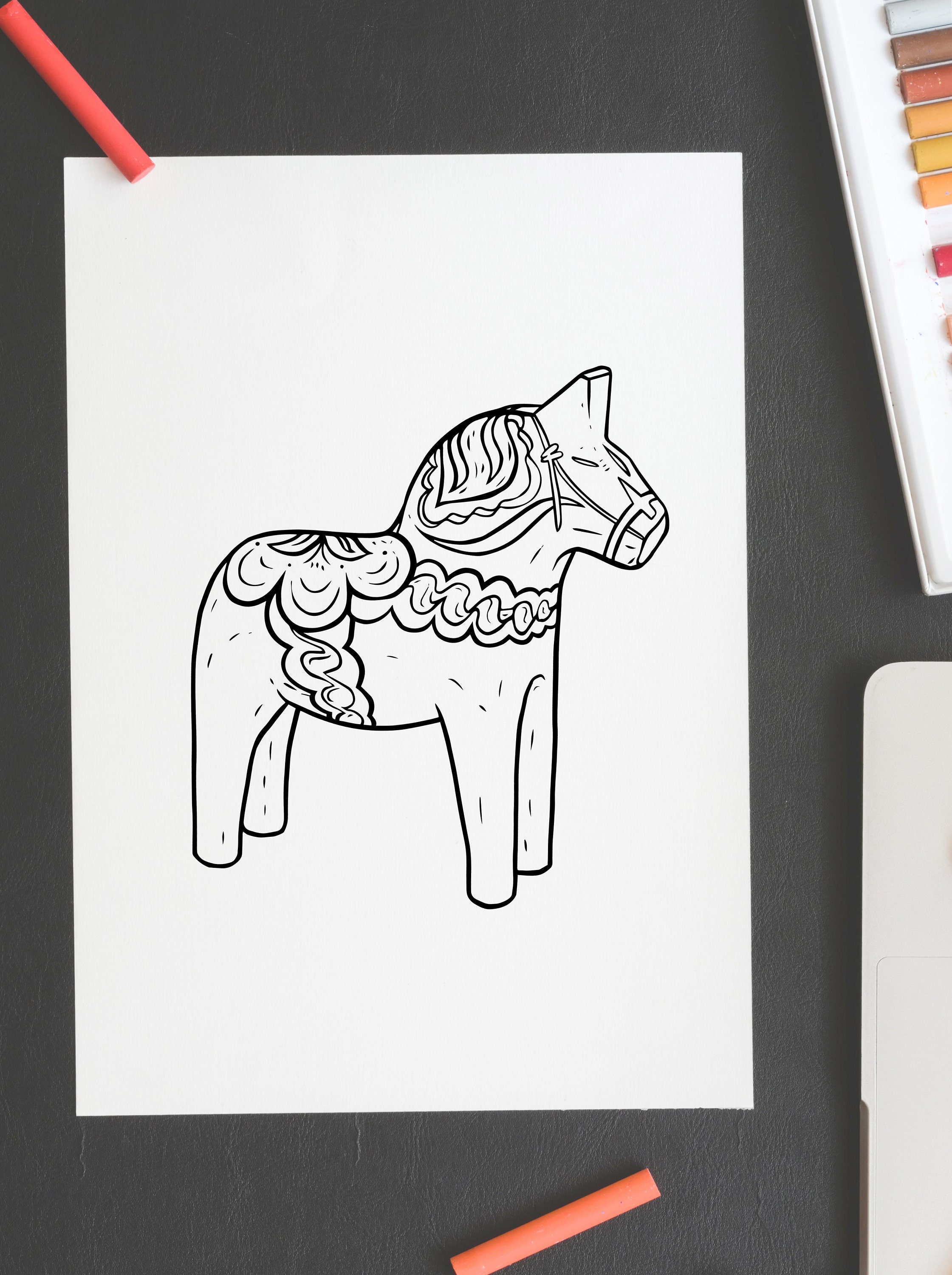 Dala Horse Printable Swedish Dalahäst Colouring Page DIY Scandinavian Kids Art Activity Black ...