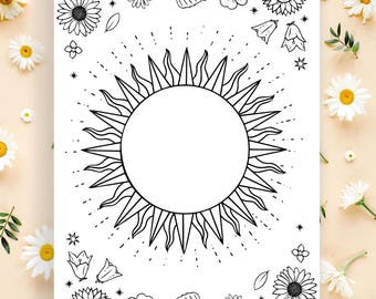 夏至の太陽の塗り絵｜印刷可能なアート（デジタルダウンロード）