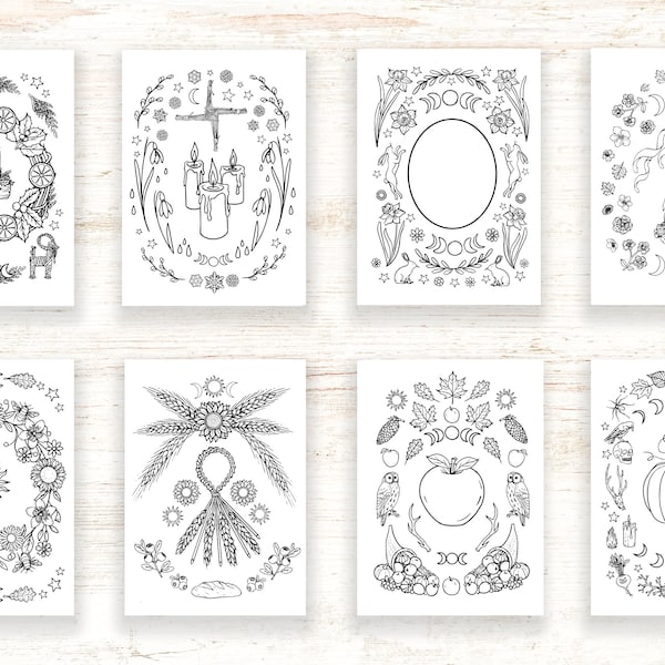 Wheel of the Year - 8 Sabbats Printable Artworks - Pagan / Wiccan Colouring Pages