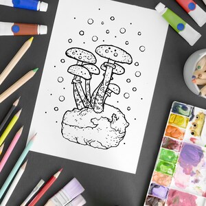 以下が含まれることがあります： 岩の上に生えているキノコの白黒の線画。キノコは丸い傘と茎を持っています。キノコの周りに小さな円があり、泡や胞子を連想させます。