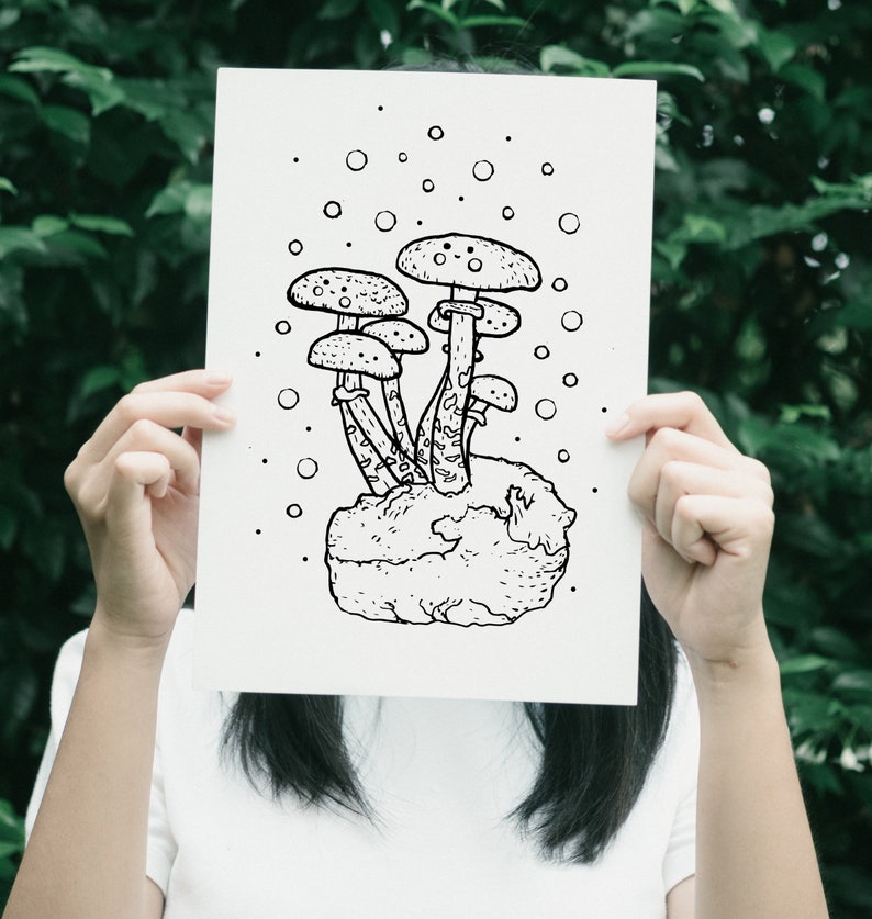 以下が含まれることがあります： 白地に、幻想的で漫画のようなスタイルで描かれた、きのこの群れの白黒の線画。きのこは丸い傘と、複雑なディテールが施された茎を持っています。