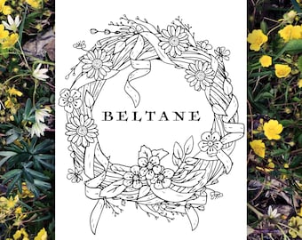 Beltane Wreath Colouring Page - Pagan Wiccan Sabbat - Witchy Printable - Altar decoration - Book of Shadows - Grimoire Page