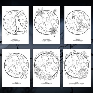 12 kleurplaten maan naam - maand en naam volle maan - maanboek der schaduwen afdrukbare pagina's - Grimoire digitale downloadpagina's
