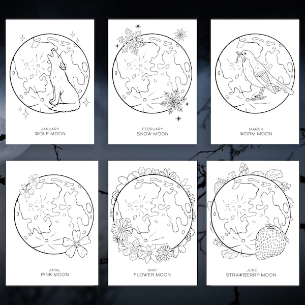 12 Moon Name Colouring Pages - Full Moon Month and Name - Moon Book of Shadows Printable Pages - Grimoire Digital Download Pages