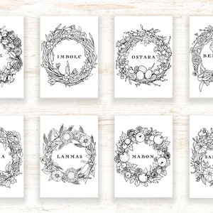 8 Wheel of the Year Sabbat Wreaths - Grimoire Cover Pages  Pages - Printable Artworks - Pagan / Wiccan / Witchy Colouring Pages