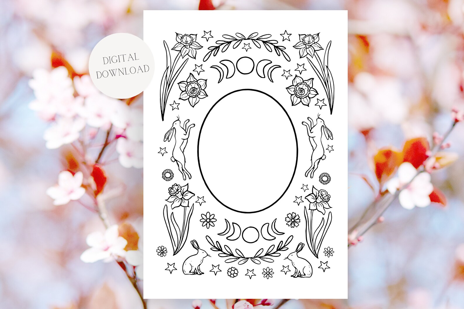 Ostara Colouring Page, Easter Artwork, Hare Egg and Moon, Altar ...