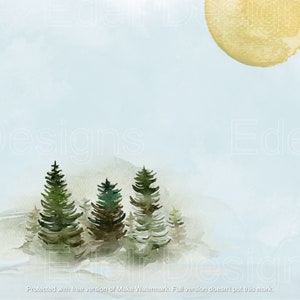Impresión de pinos nevados y soleados, Arte mural imprimible del bosque de invierno, Pintura de acuarela de Navidad, Paisaje de invierno, Póster de pino nevado