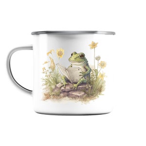 Frog toad graphic enamel mug with funny book frog, cottagecore mug, frog gift and frog lover enamel mug