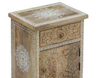 Cosmic Hand Carved Embossed White Painted Bed Side Decorative Night Stand, White embossed with pearl work Night Stand, Indian Handcrafted