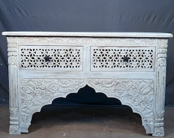 Hand Carved Wooden Console Table: Indian Dresser with Drawers