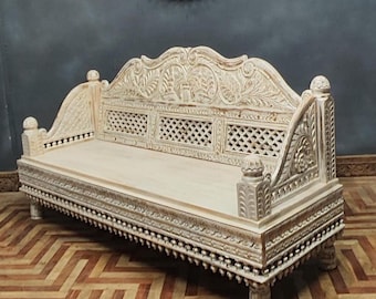 Hand Carved Wooden Day Bed: Indian Vintage Bench
