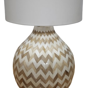 Bone Inlay Table Lamp: Handmade Zigzag Pattern, Linen Shade