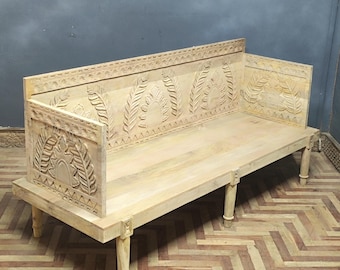 Hand Carved Wooden Day Bed: Indian Vintage Sofa Bench