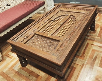 Hand Carved Indian Jharokha Wood Coffee Table: Antique Serving Table