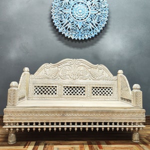 Hand Carved Wooden Day Bed: Indian Vintage Bench