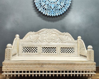 Hand Carved Wooden Day Bed: Indian Vintage Bench