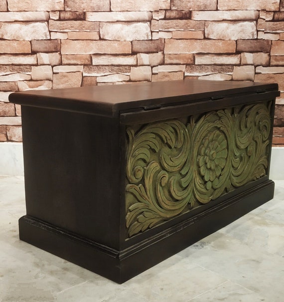 Hand Carved Wood Storage Trunk Table: Indian Handcrafted Furniture
