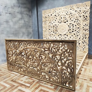 Hand Carved Wooden Bed with Footboard: Cosmic Luxury Design