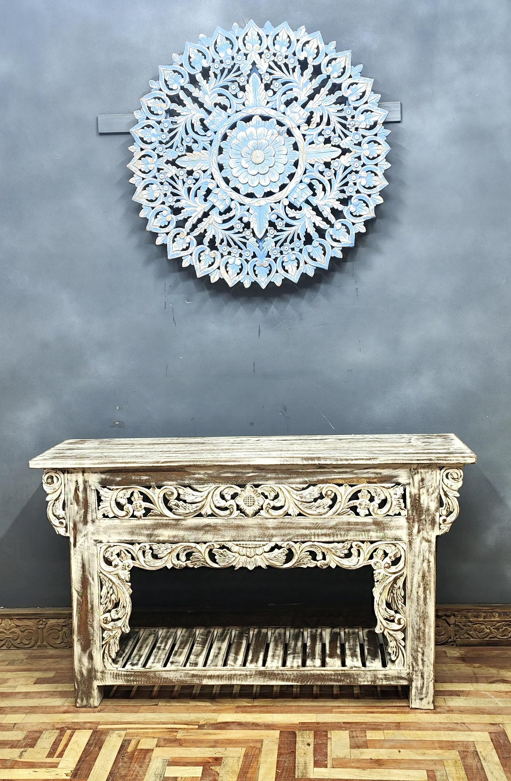 Hand Carved Mango Wood Console Table: Distressed White Indian Sideboard ...